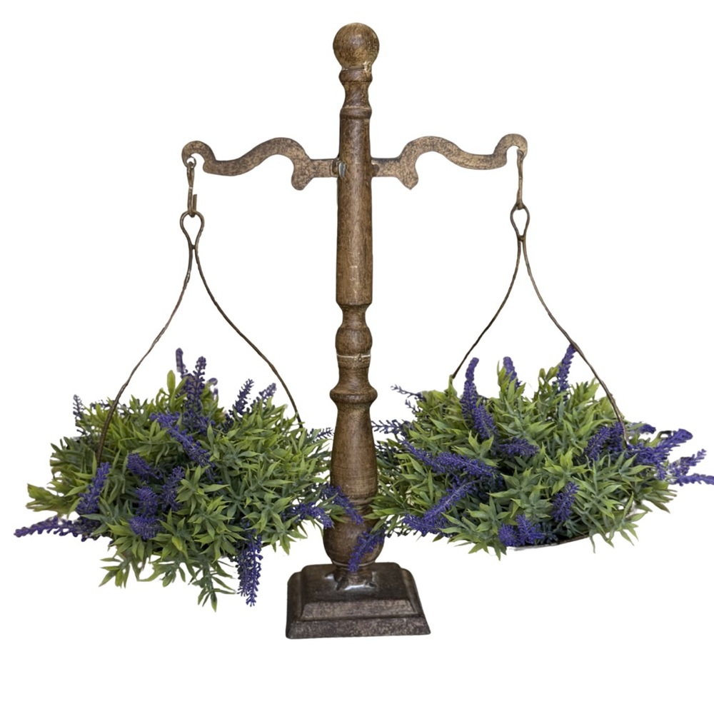 Rustic Metal Balance Scale Centerpiece with Lavender Arrangement